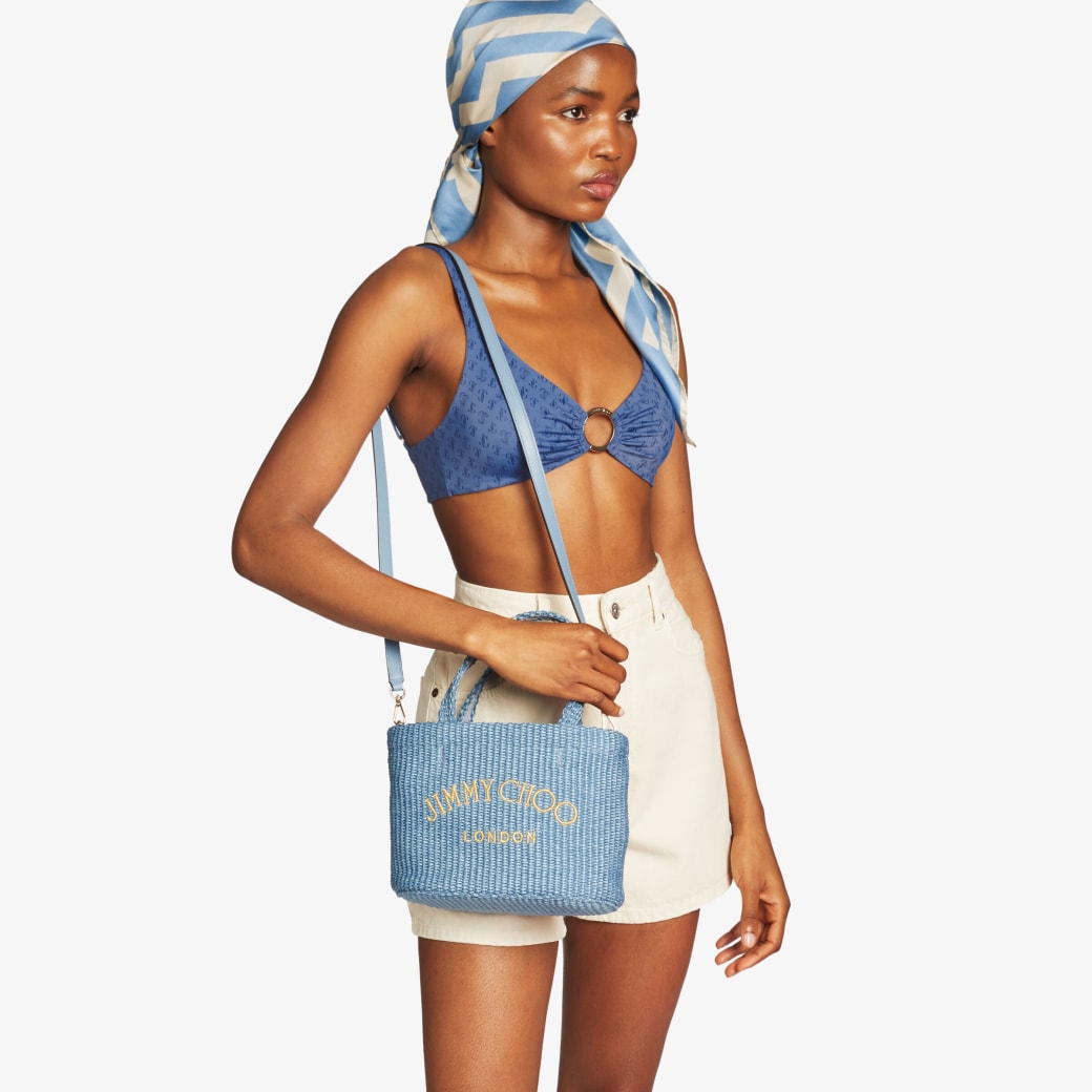 Smoky Blue Raffia Mini Tote Bag with Jimmy Choo Embroidery