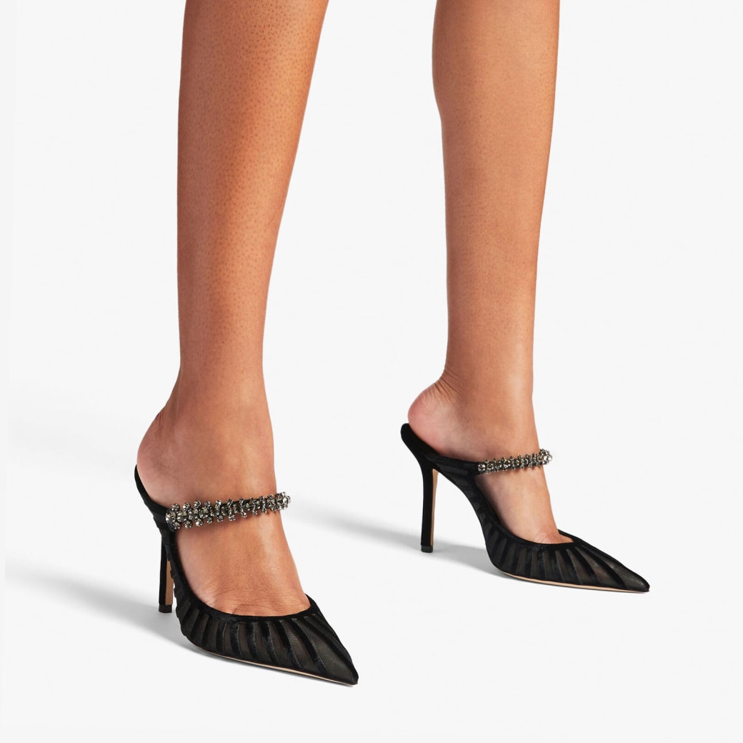 Bing 100 | Black Flocked Velvet Striped Mesh Mules with