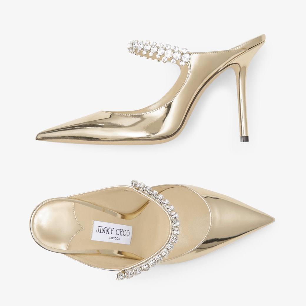 BING 100PAT【JIMMY CHOO】スワロフスキー Bing 100 | Black Patent Leather Mules with Crystal Strap