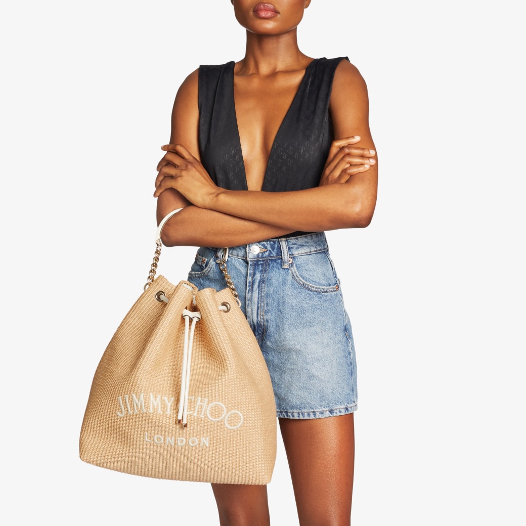 BON BON BUCKET MAXI | Natural Raffia and Smooth Leather BON BON BUCKET MAXI | Natural Raffia and Smooth Leather