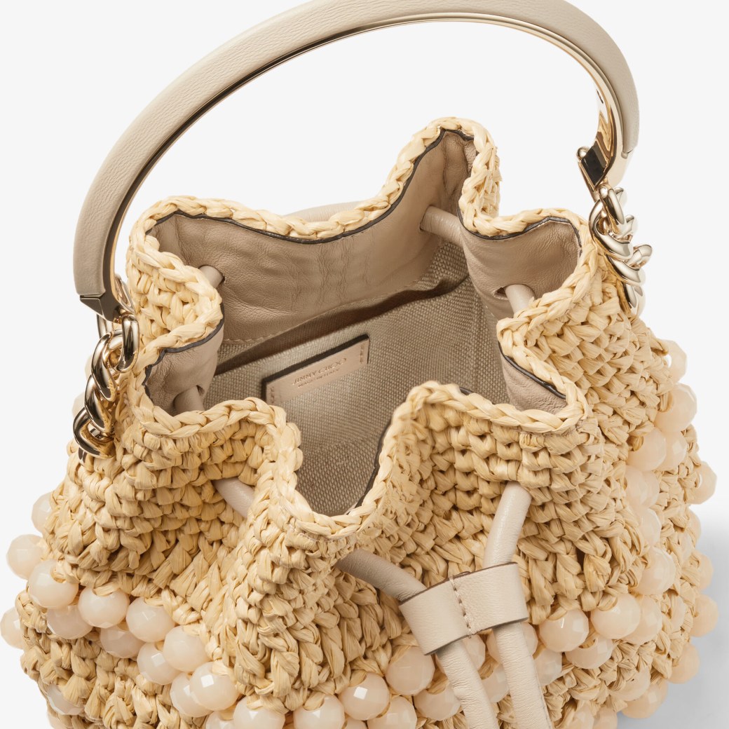 BON BON BUCKET/S | Natural Beaded Raffia and Smooth Leather