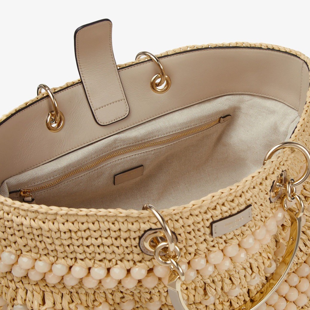 Bon Bon Tote L | Natural Beaded Raffia and Smooth Leather