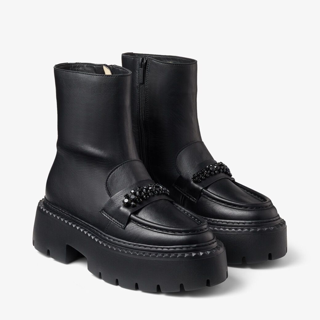 大人女性の BRYER Crystal with Boots Ankle Leather Calf Box Black | FLAT 靴