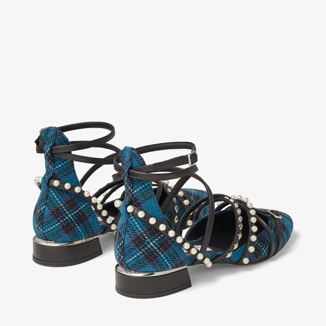 CELESTIA 25 | Peacock Tartan Fabric Pumps with Pearls and