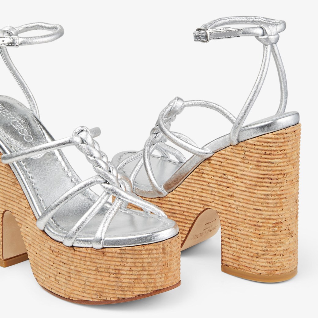 CLARE WEDGE 130 | Silver Metallic Nappa Leather Wedge Sandals 