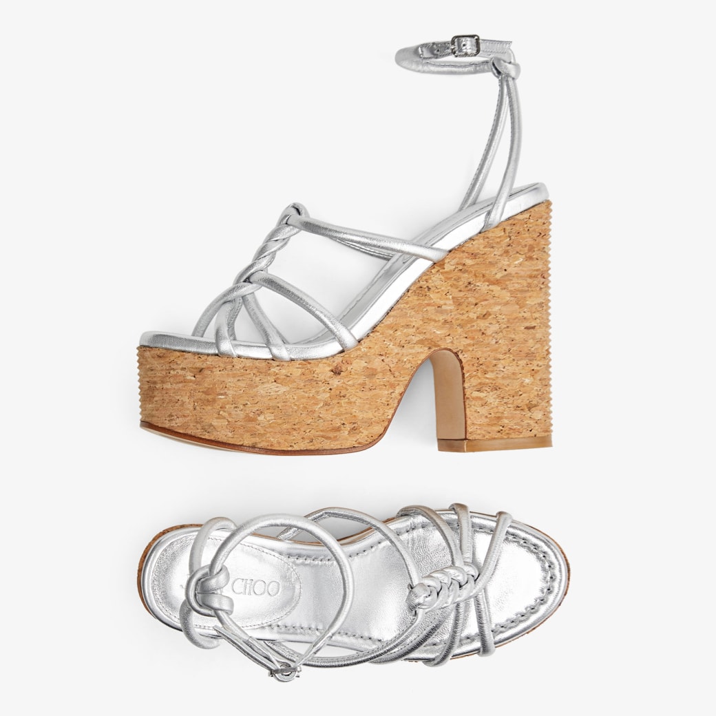 CLARE WEDGE 130 | Silver Metallic Nappa Leather Wedge Sandals 