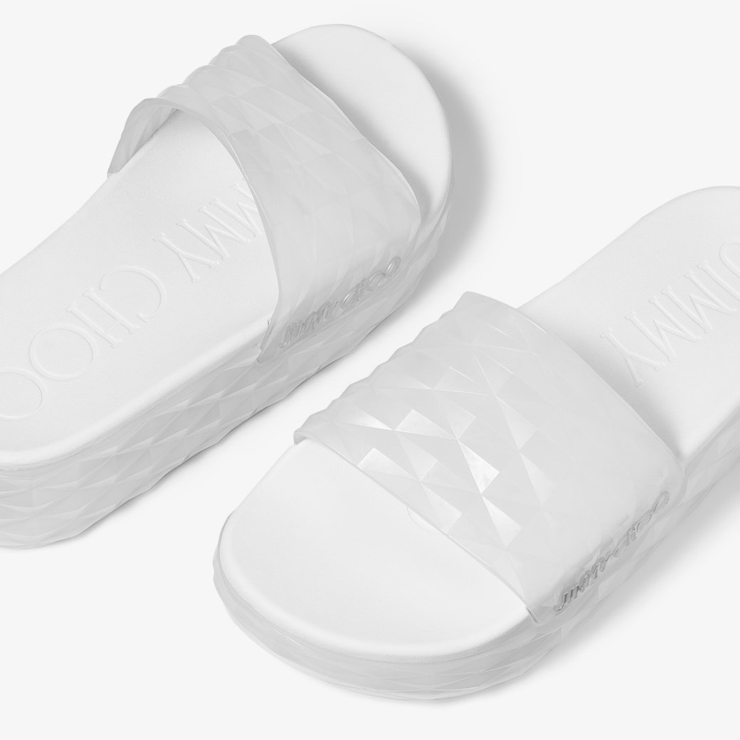 JIMMY CHOO ダイヤモンドプラットフォームスライド Diamond Slide/F | White Rubber Platform Slides | JIMMY CHOO