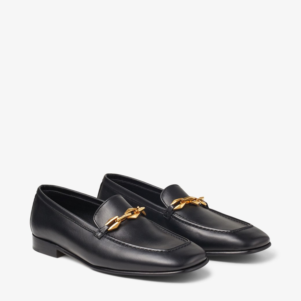 DIAMOND TILDA LOAFER | Black Calf Leather Loafers with Chain ...
