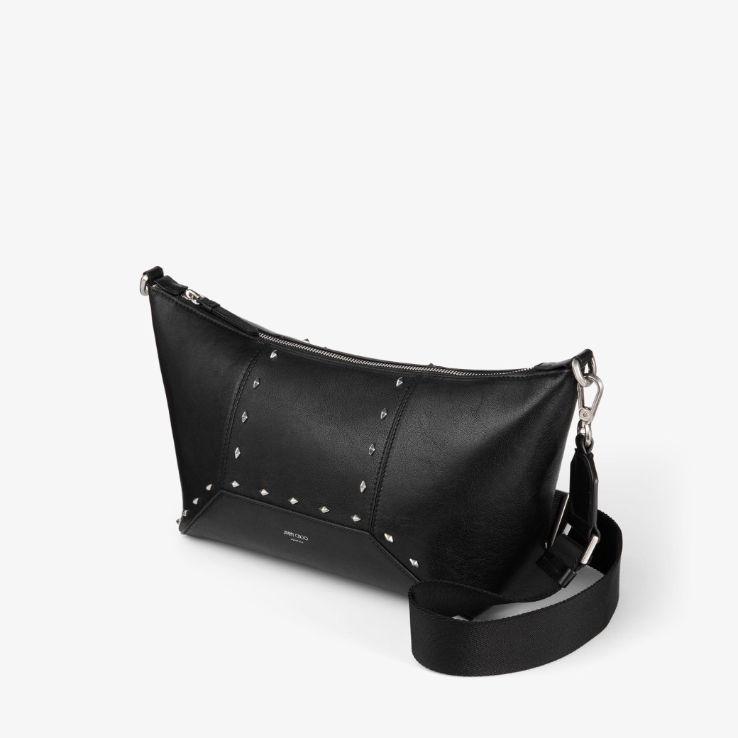 Diamond Zip Crossbody | Black Biker Leather Crossbody Bag with