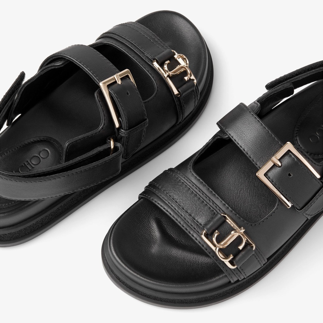 JIMMY CHOO Elyn Flat カーフレザー・フラットサンダル Elyn Flat | Black Calf Leather Flat Sandals | JIMMY CHOO