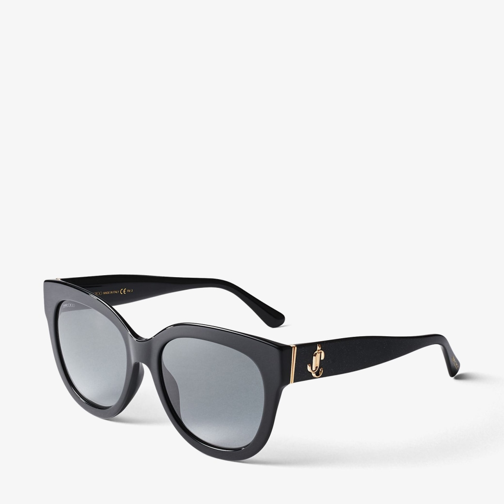 JIMMY CHOO シルキャットアイサンクラス JILLGS NS89O Black Glitter Cat-Eye Suglasses with Gold JC Logo | JILL