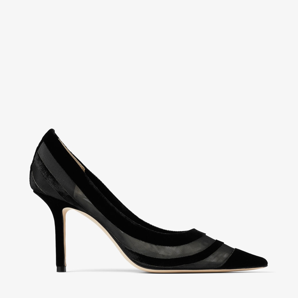 Love 85 | Black Flocked Velvet Striped Mesh Pumps | New