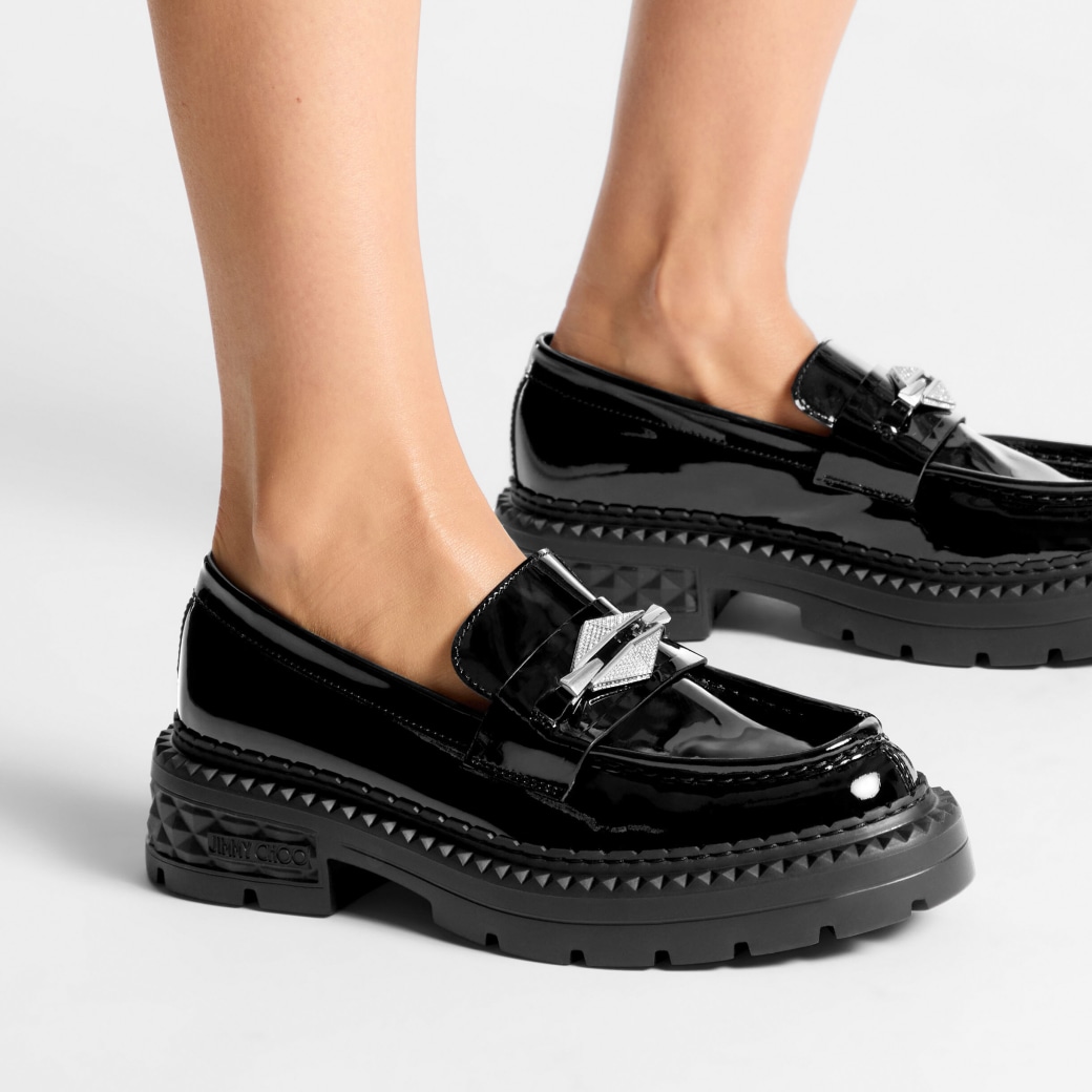 JIMMY CHOO☆ マーロー ダイヤモンド F ベルベット ブラック Marlow Diamond/F | Black Patent Leather Flats | JIMMY CHOO