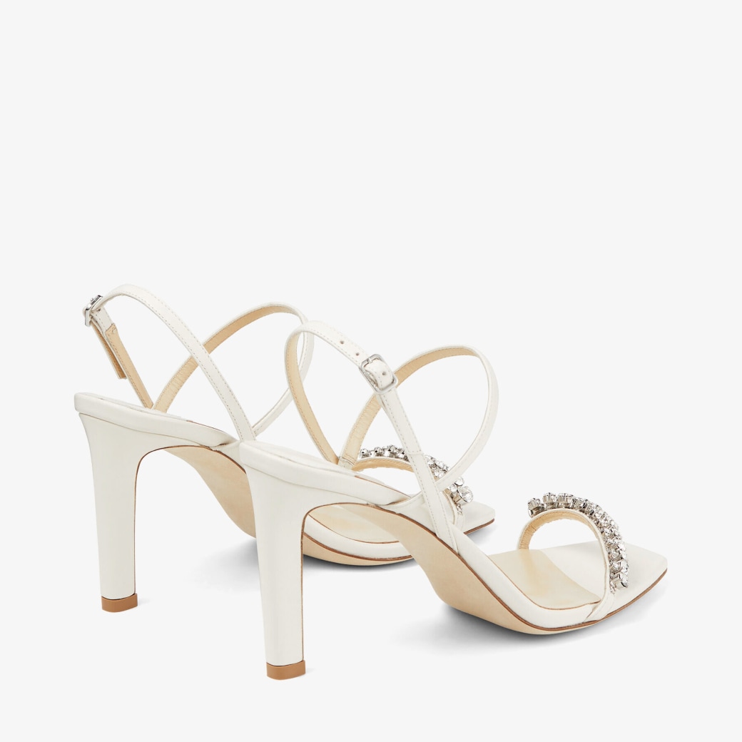 豪華クリスタル★Jimmy Choo MEIRA 85 アンクルストラップ LATTE Gold Liquid Metal Leather Sandals with Crystal Embellishment