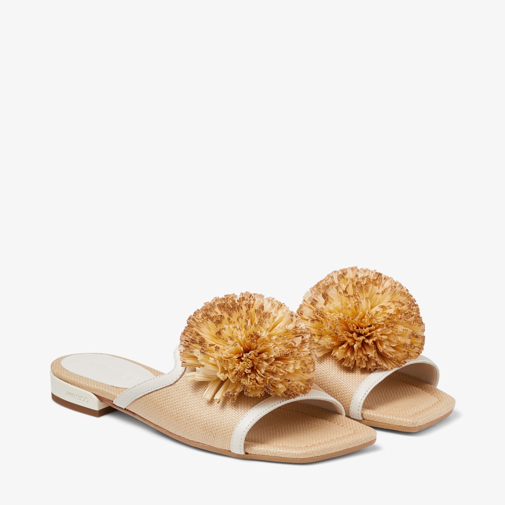 セール★Jimmy Choo★NAKO FLAT Nako Flat | Natural/Latte Raffia Pom Pom Flats | JIMMY CHOO