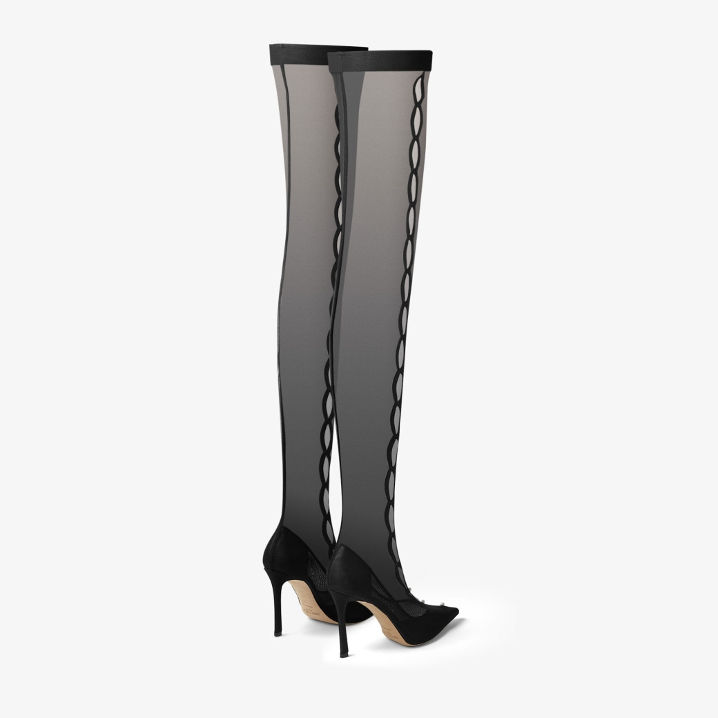 PSYCHE OTK 95 | Black Stretch Mesh Over-The-Knee Boots with