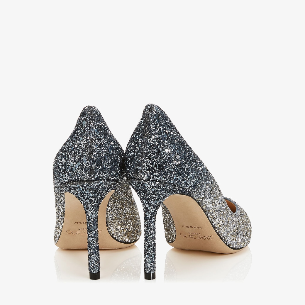 Silver and Dusk Blue Dégradé Glitter Fabric Pumps | ROMY 85