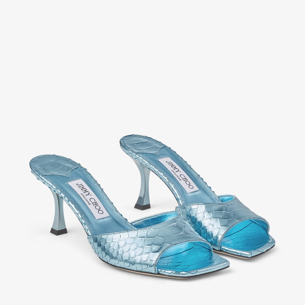 VAL 70 |Ice Blue Metallic Snake Printed Leather Mule Sandals