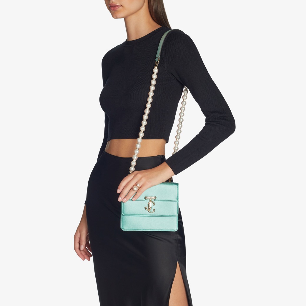パーティーバッグ JIMMY CHOO AVENUE SATIN W PEARL SHOULDER BAG AVENUE QUAD XS | Smoke Green Satin Shoulder Bag with Pearl