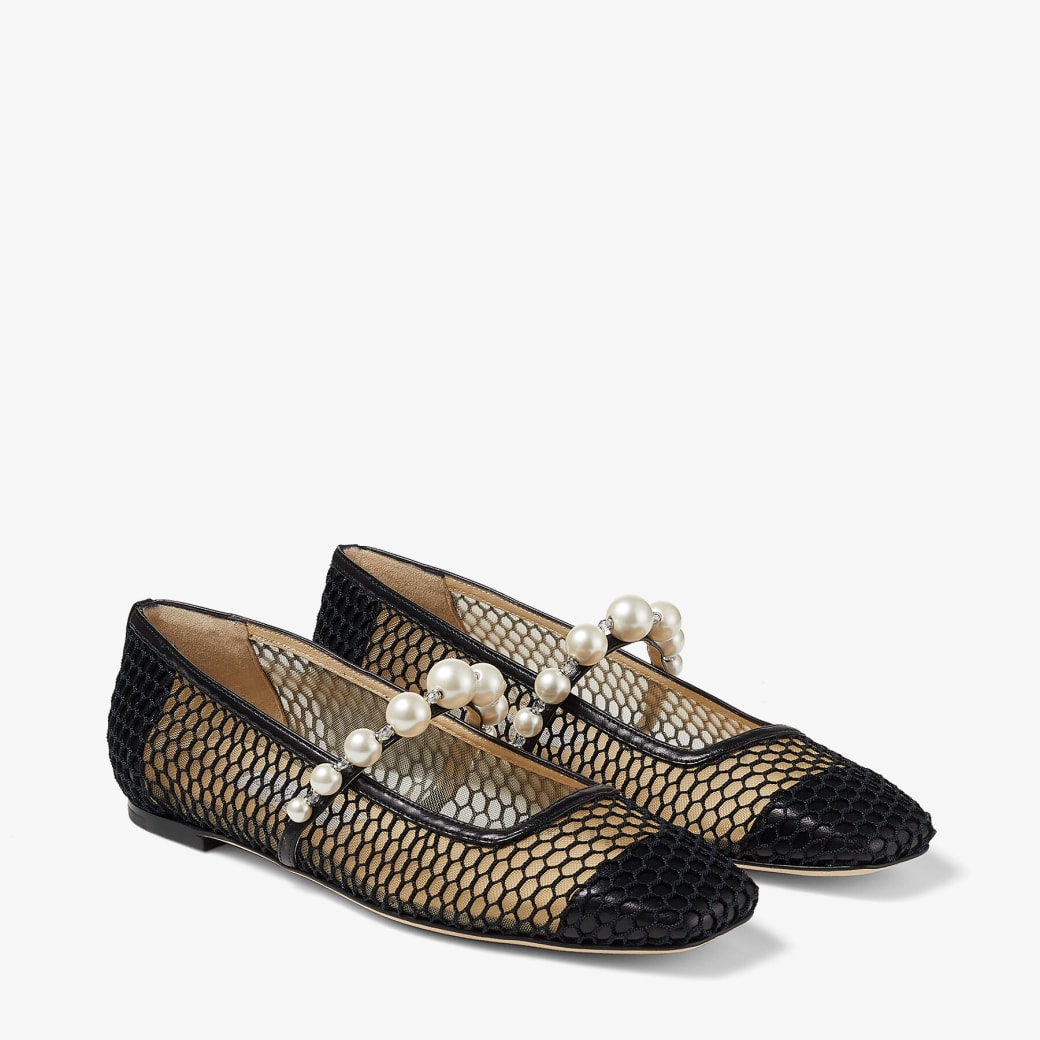 Black Fishnet Mesh and Nappa Flats with Pearl-Embellished Strap | ADE ...