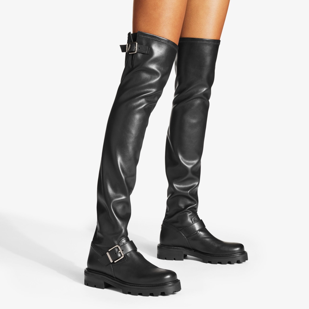 Black Stretch Bonded Fabric KneeHigh Biker Boots BIKER II OTK FLAT