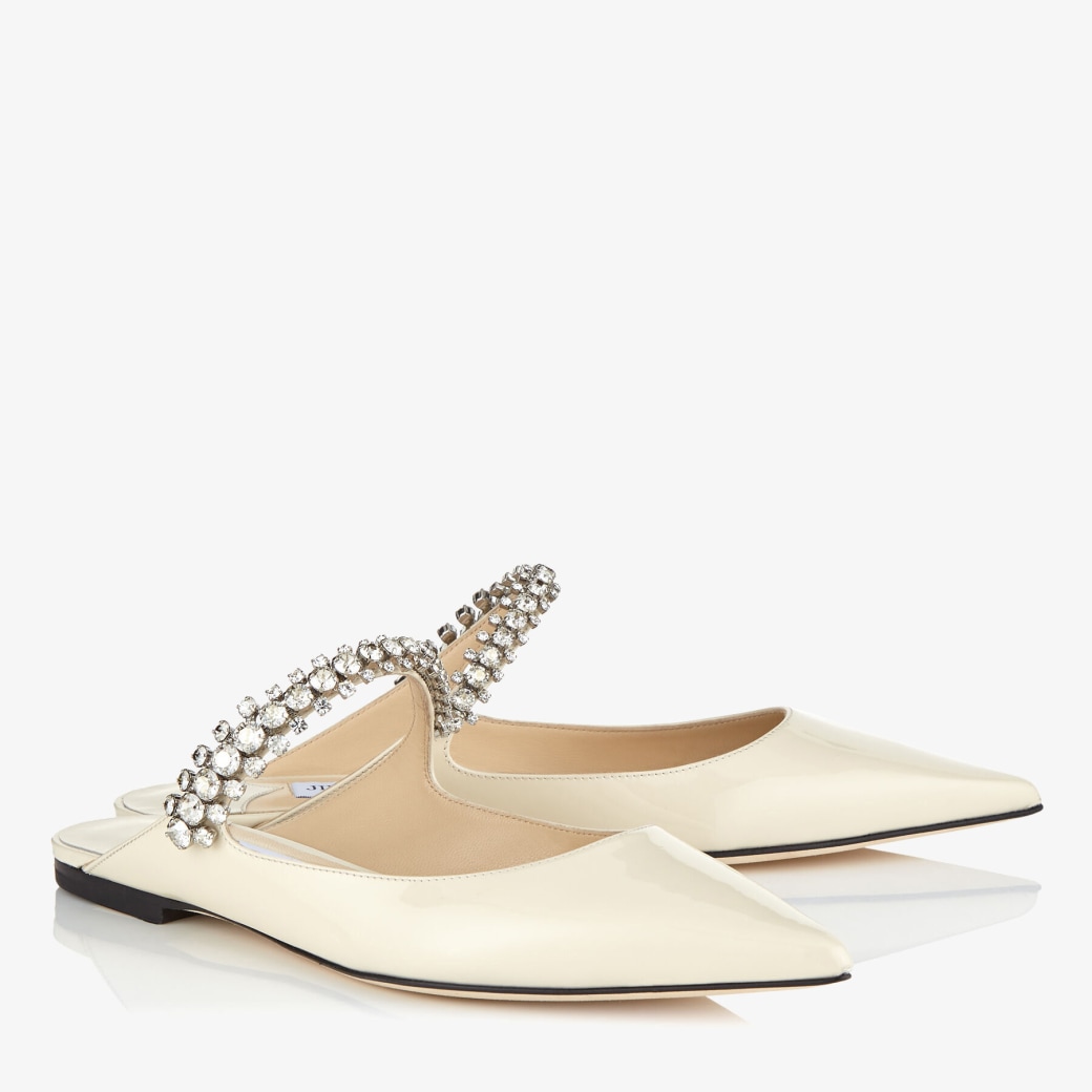 Linen Patent Leather Mules with Crystal Strap | BING FLAT | Cruise 19 ...