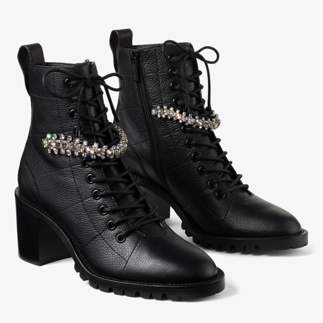 Black Grained Leather Lace-Up Combat Boots with Crystal |CRUZ 65 ...