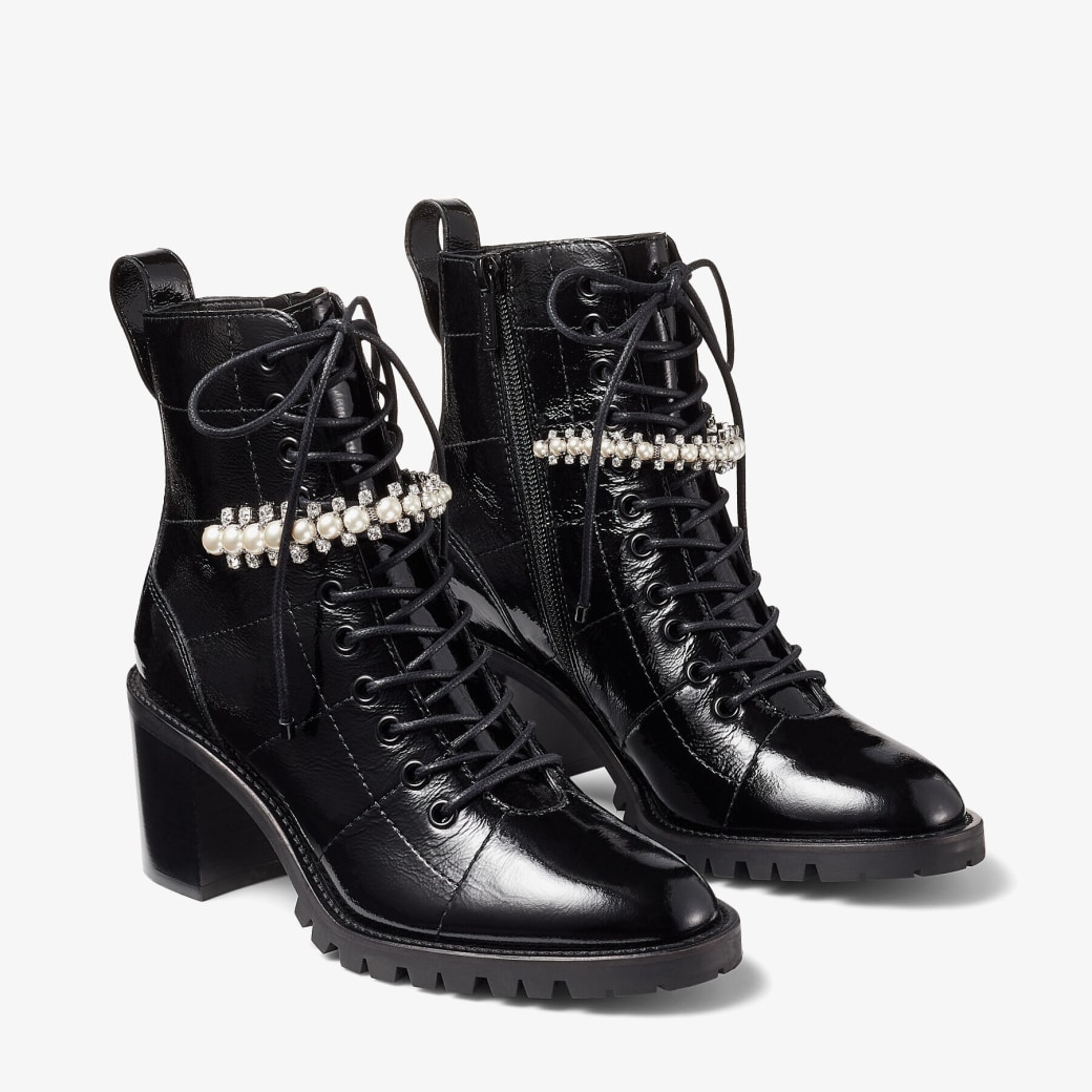 Black Naplack Lace-Up Combat Boots with Crystal and Pearl Detailing ...