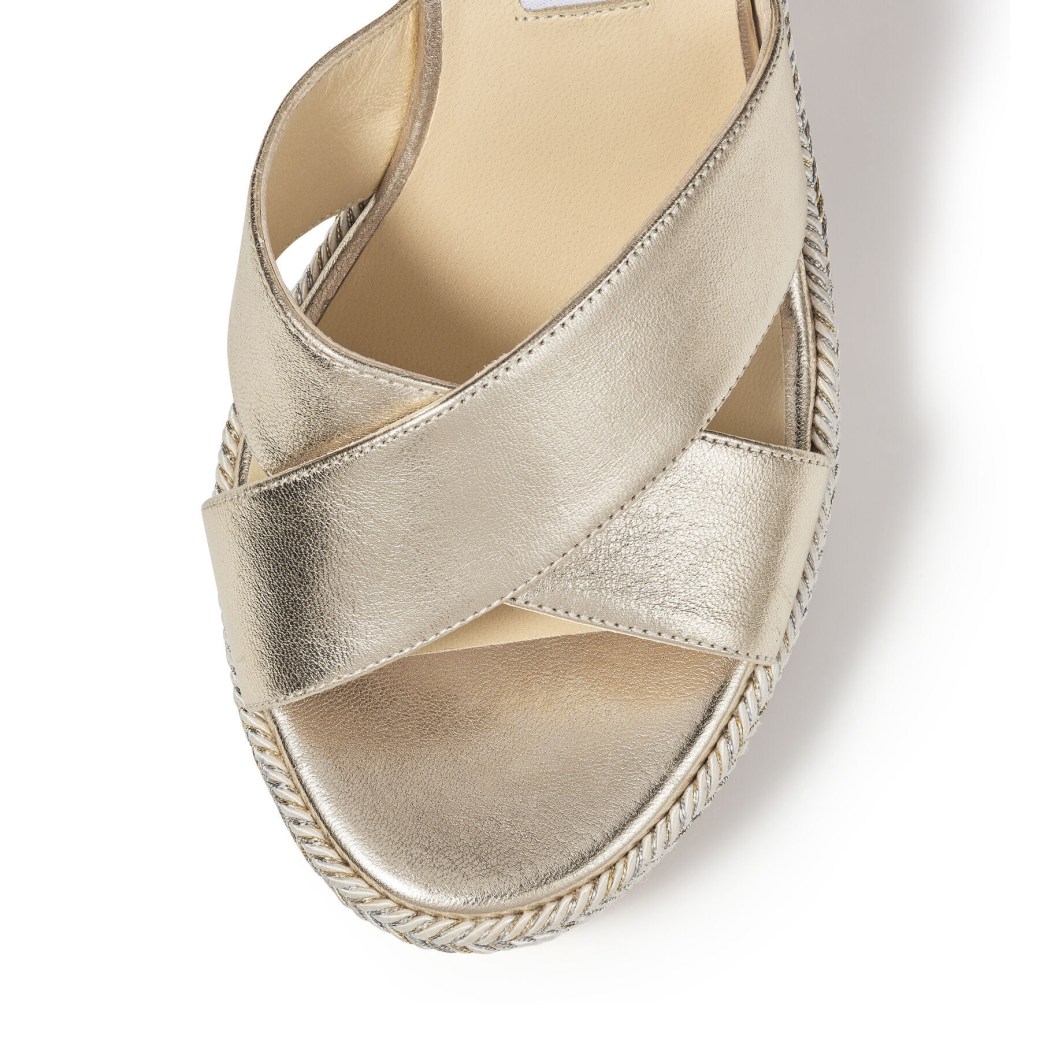 Champagne Nappa Leather Wedge Sandals with Metallic Rope Thread ...