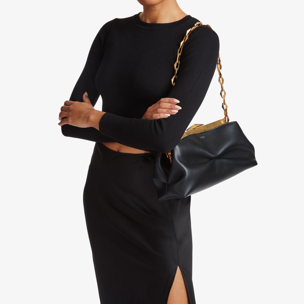 DIAMOND FRAME CLUTCH Black Soft Calf Leather Clutch Bag with Chain