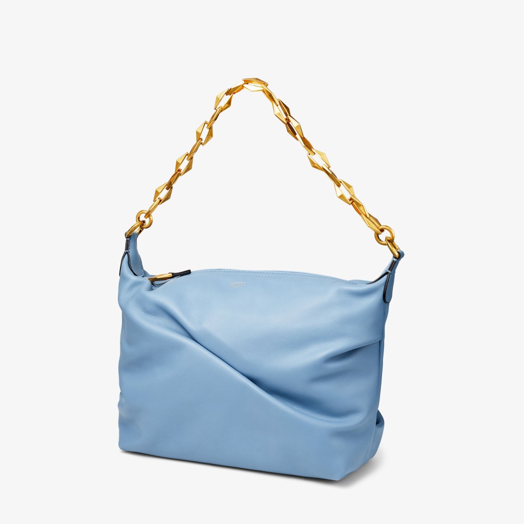 DIAMOND SOFT HOBO/S | Smoky Blue Soft Calf Leather Hobo Bag with Chain ...
