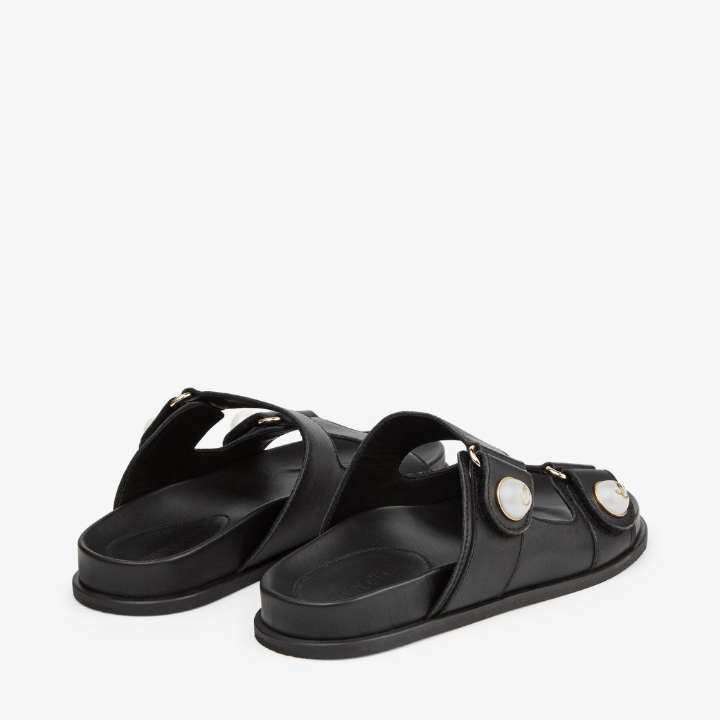 FAYENCE SANDAL | Black Leather Flat Sandals with Pearl Embellishment ...