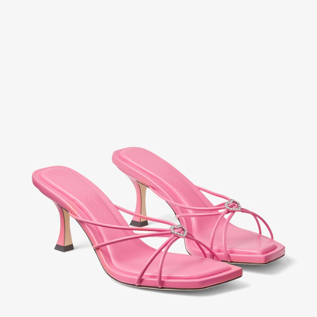 INDIYA MULE 70 | Candy Pink Nappa Leather Mules with Crystal Hearts ...