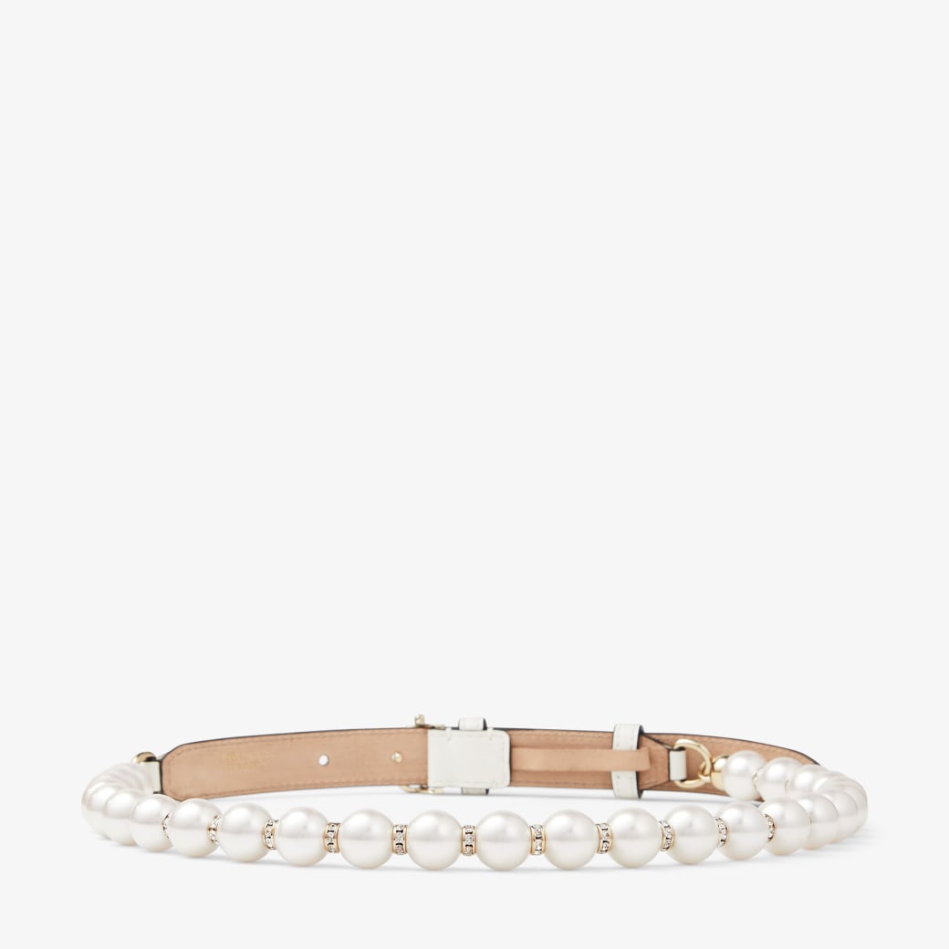 Latte Soft Shiny Calf Waist Belt with Pearls and Light Gold JC Hardware