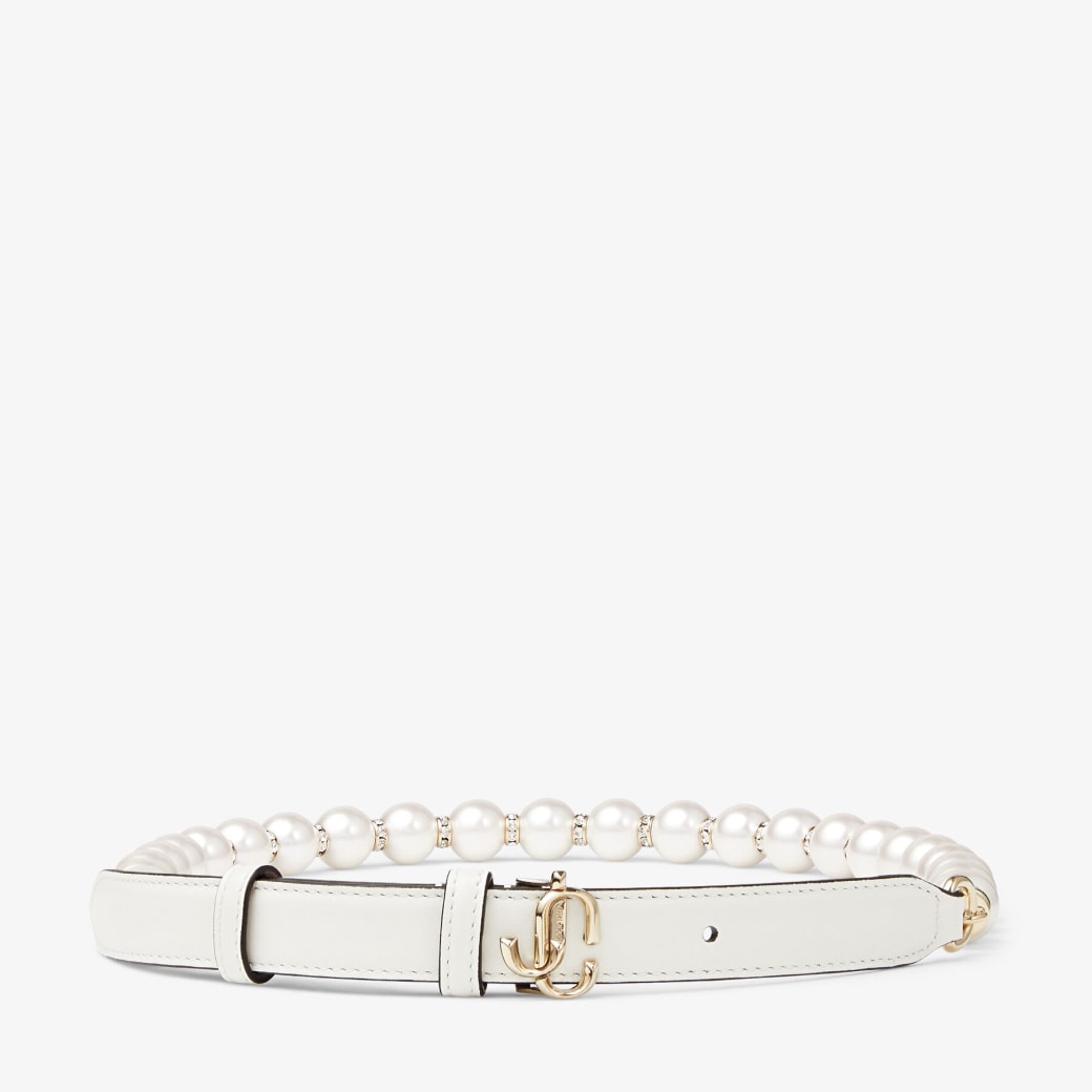 Latte Soft Shiny Calf Waist Belt with Pearls and Light Gold JC Hardware