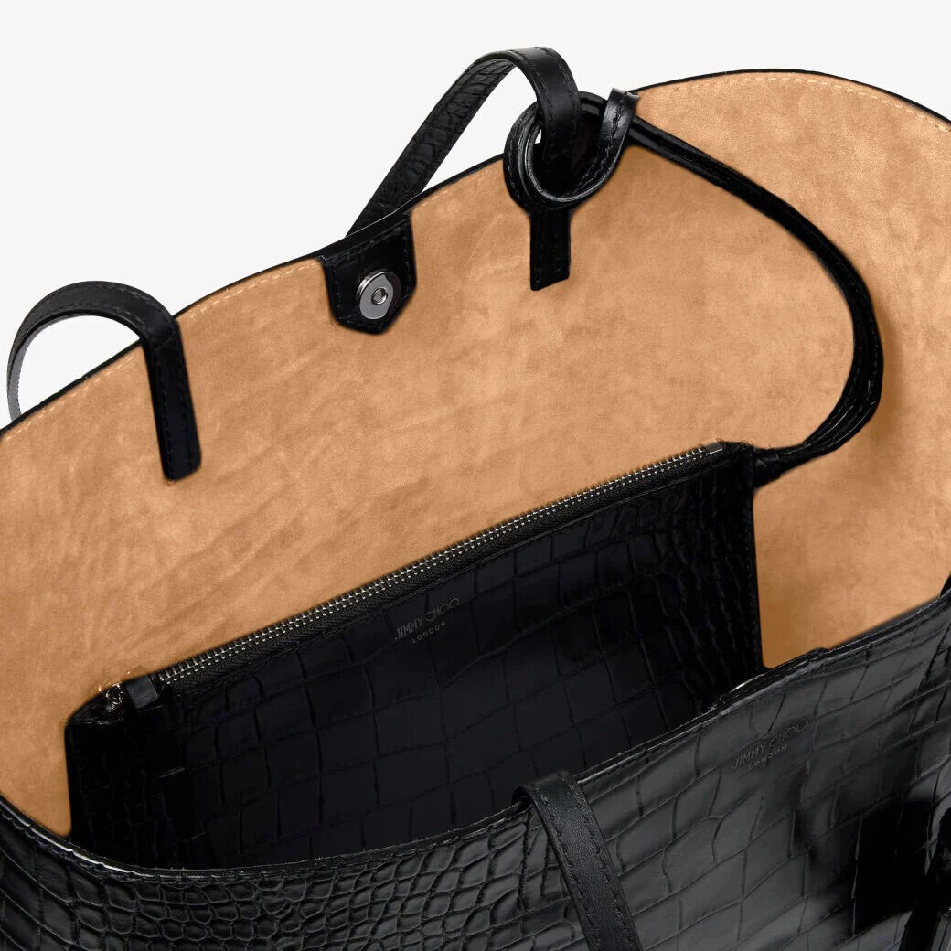 Black Croc Embossed Leather Tote Handbag with JC Emblem