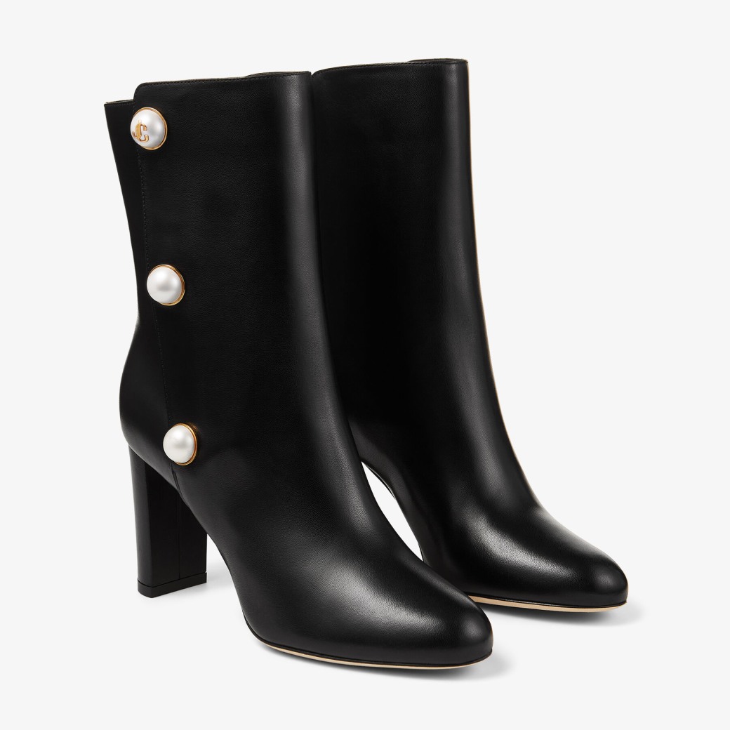 Black Nappa Leather Mid-Calf Boots with Pearls | RINA 85 | Autumn 2022 ...