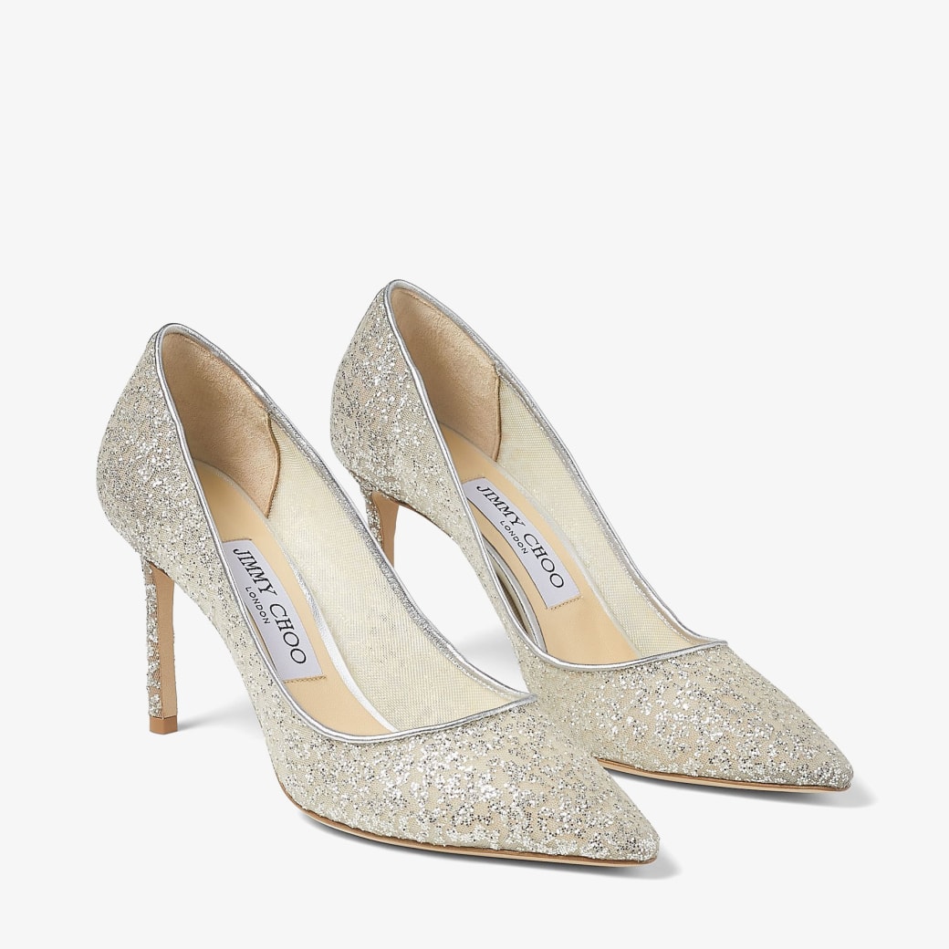 Silver Glitter Tulle and Metallic Nappa PointyToe Pumps ROMY 85
