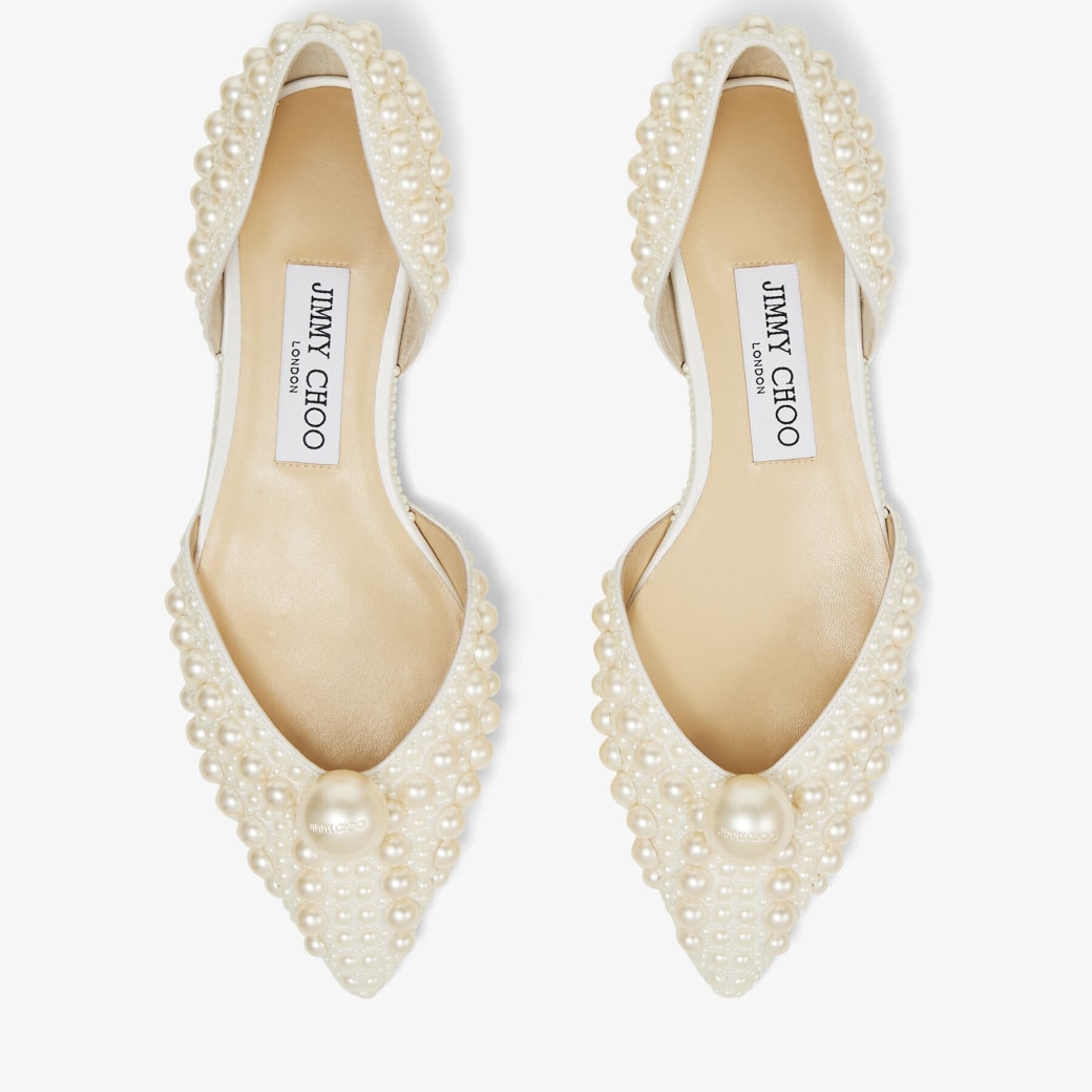 White Satin Flats with All-Over Pearl Embellishment | SABINE FLAT ...