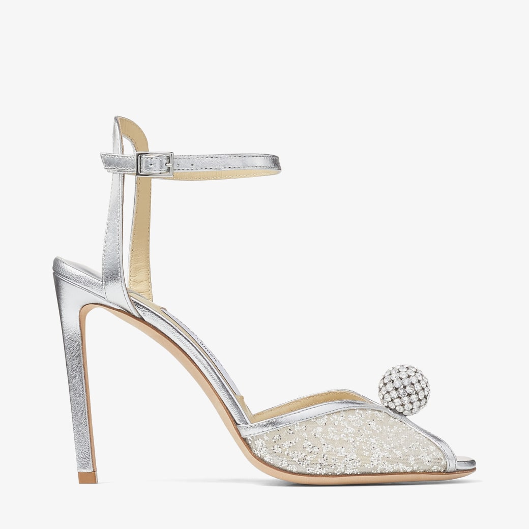 Silver Glitter Tulle and Metallic Nappa Sandals with Crystal Sphere | SACORA 100 | Spring 2022 