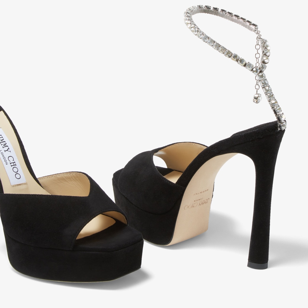 SAEDA SANDAL/PF 125 | Black Suede Platform Sandals with Crystal ...