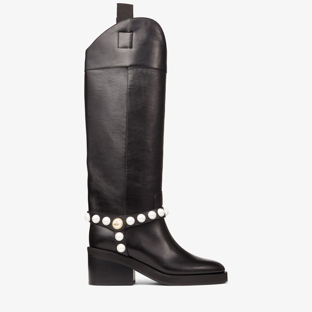 Black Vintage Leather KneeHigh Boots with Pearls TONYA 70 Autumn