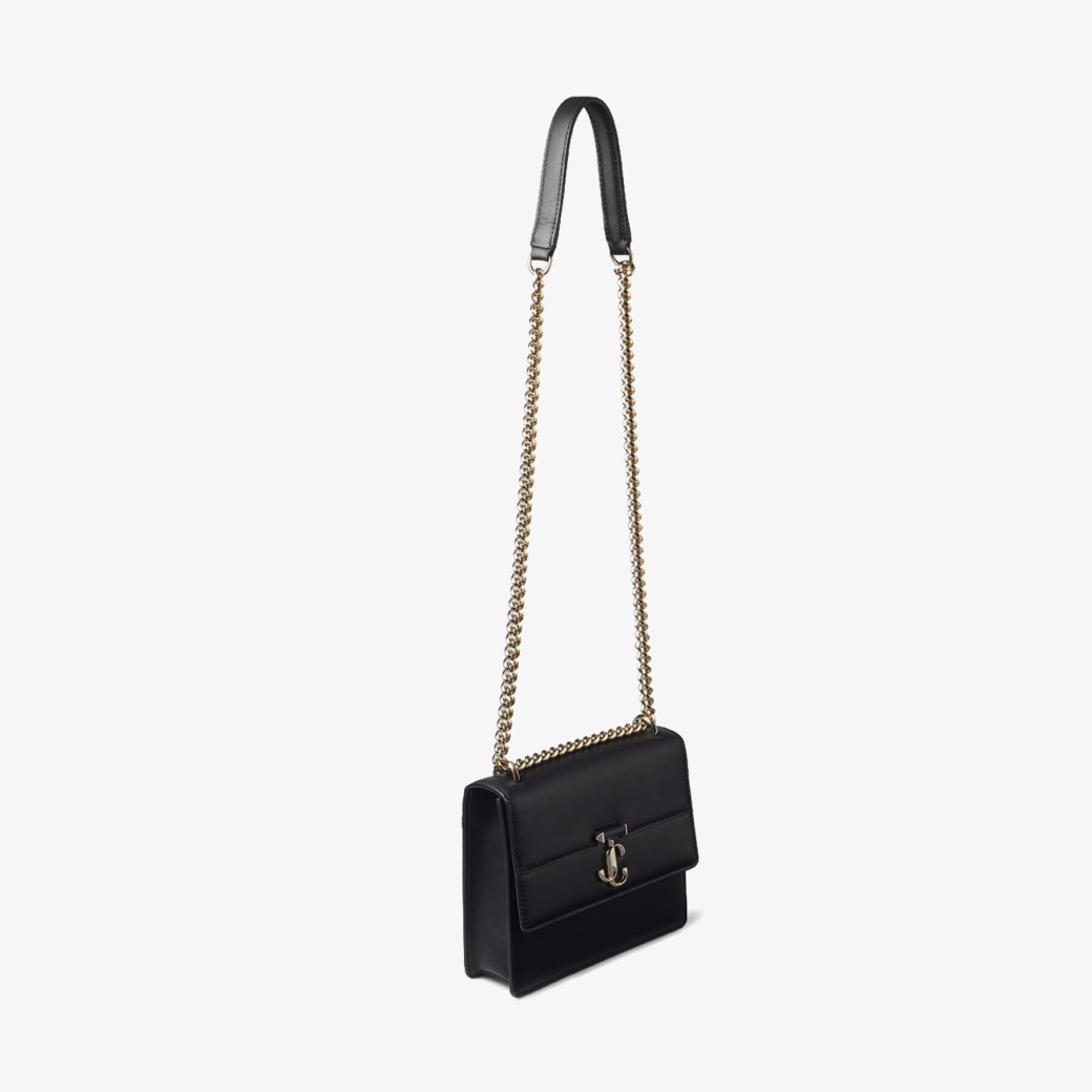 Black Fine Shiny Calf Leather Shoulder Bag with Light Gold JC Bar ...