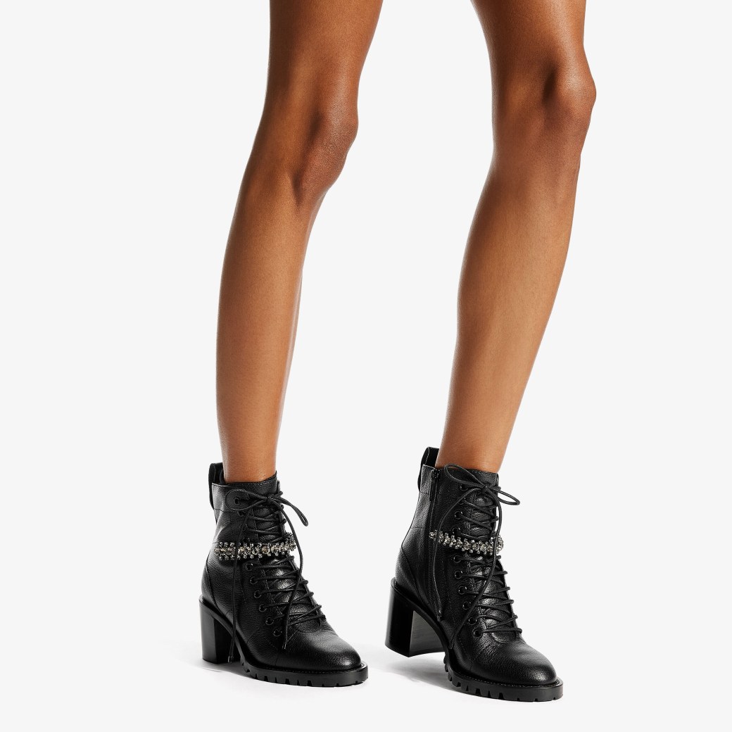 Black Grained Leather Lace-Up Combat Boots with Crystal |CRUZ 65 ...
