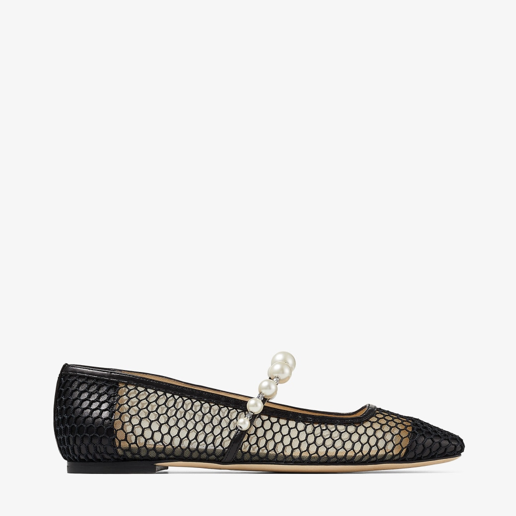 Jimmy Choo - Black Fishnet Mesh and Nappa Flats with Pearl-Embellished Strap