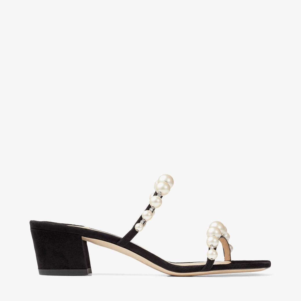 Jimmy Choo – Black Suede Mules with Pearl Embellishment