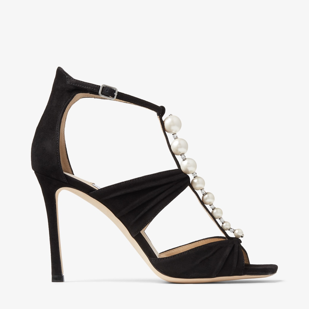Jimmy Choo - Black Suede Sandals with Pearls and Crystals