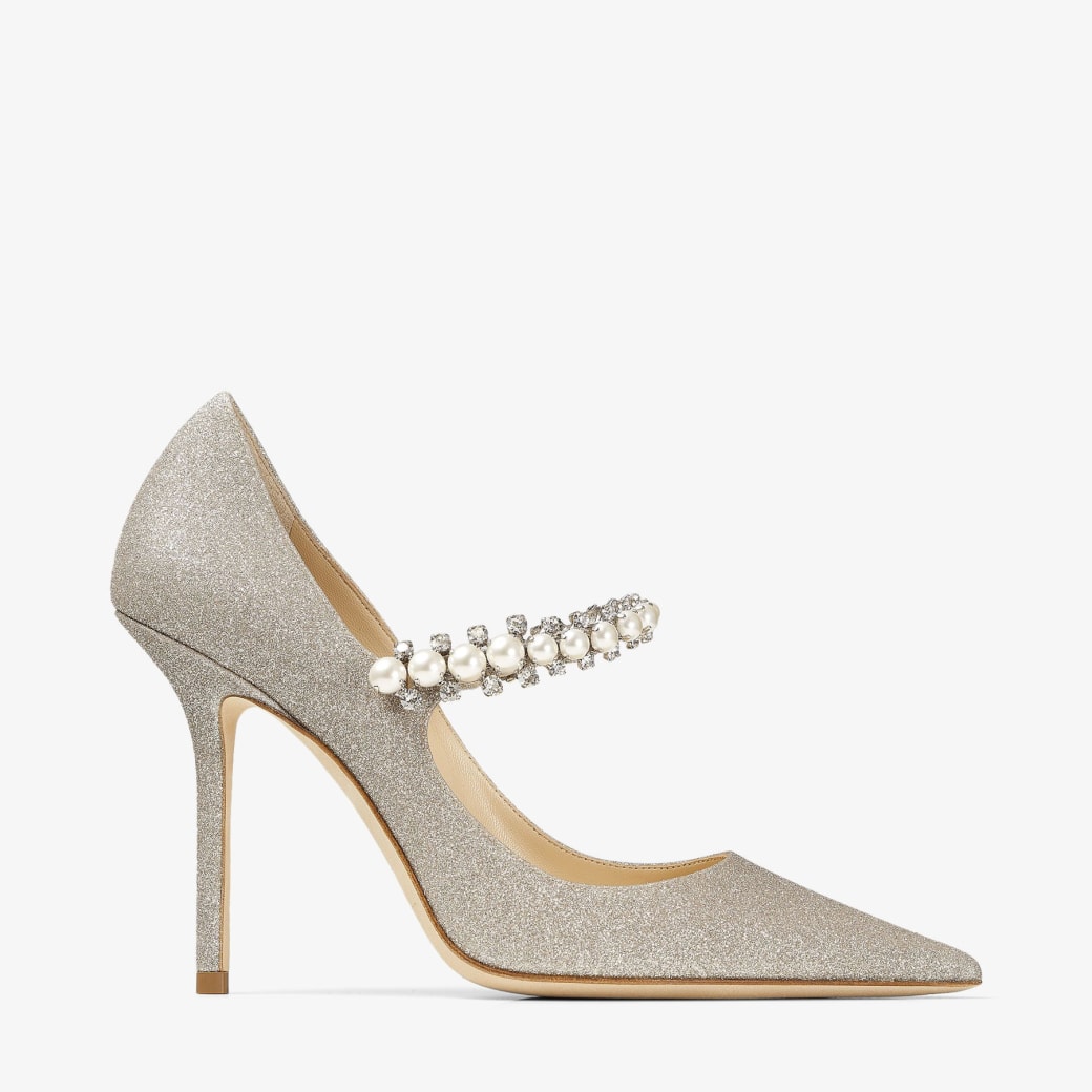 Jimmy Choo BAILY 100 - Platinum Ice Dusty Glitter Pumps with Crystal and Pearl Strap
