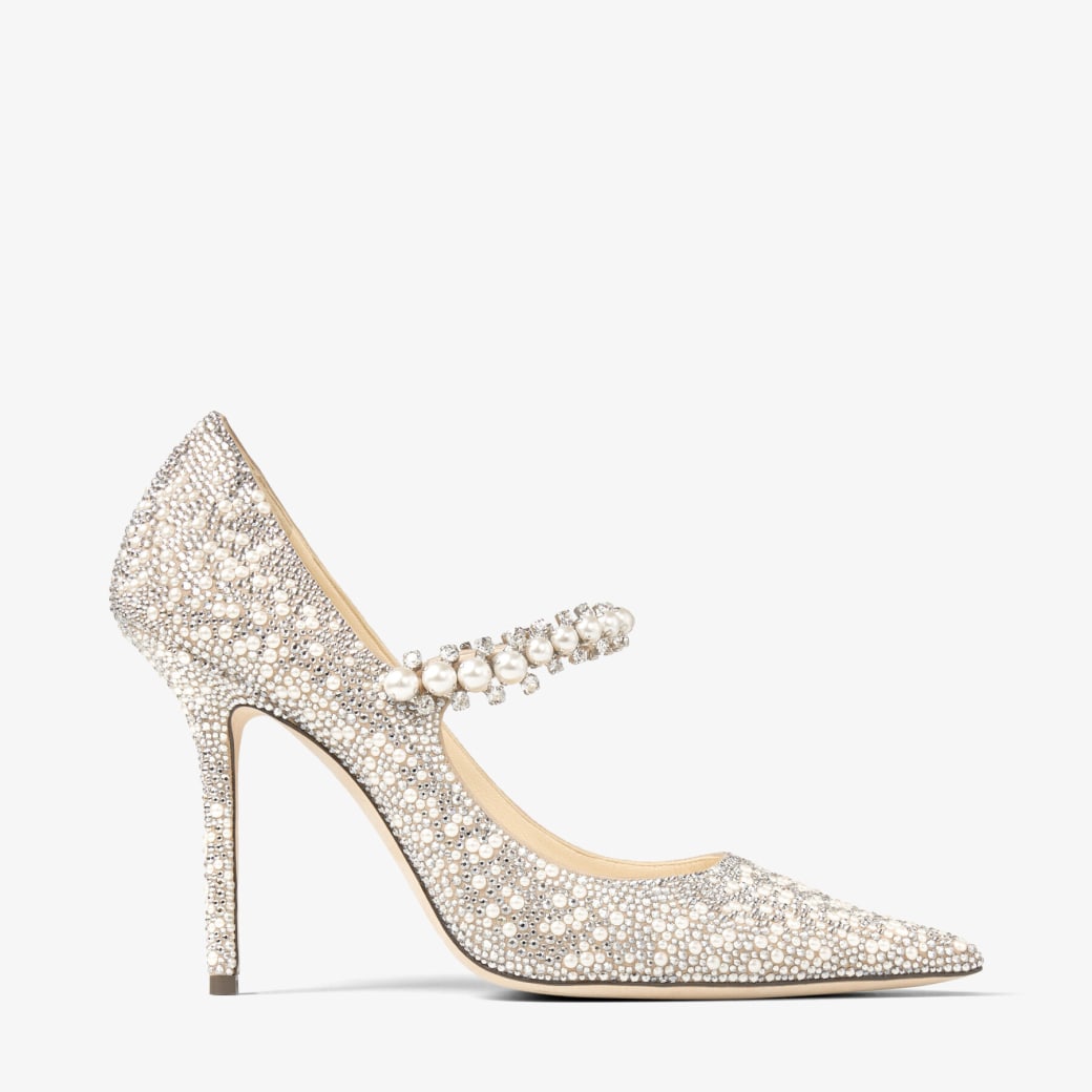 Jimmy Choo BAILY 100 - Ballet Pink Suede Mary Jane Pumps with Crystal and Pearl Embellishment