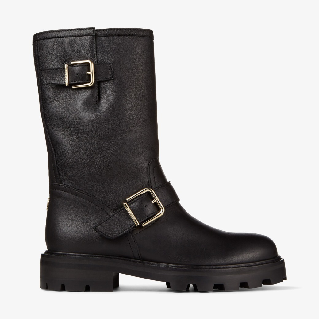 Jimmy Choo – Black Smooth Leather Biker Boots with Shearling Lining